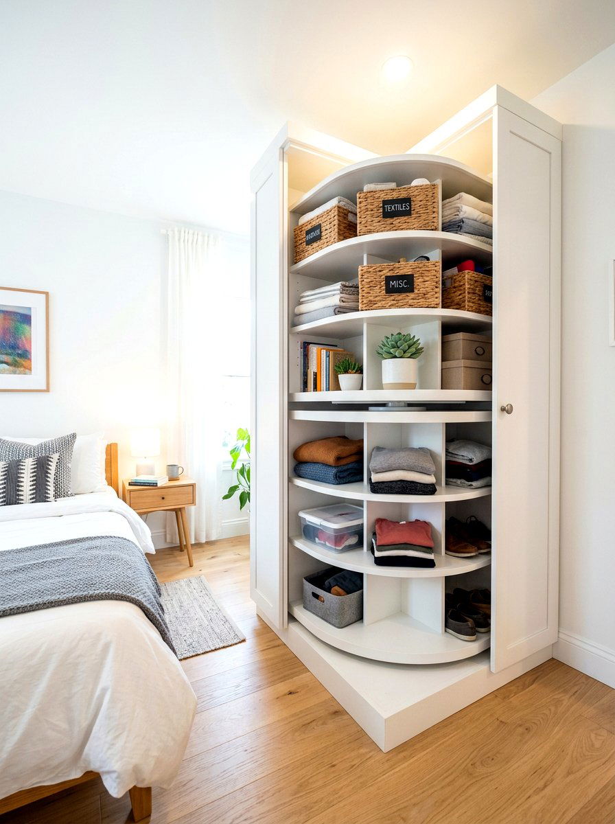 Corner Carousel Cabinet - 30 hidden shoe storage apartment ideas