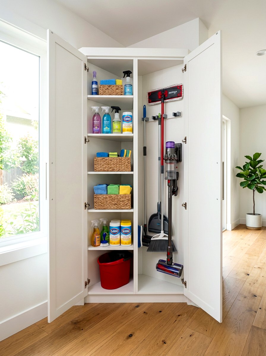 Corner Cleaning Cabinet - 30 organizing cleaning supplies ideas