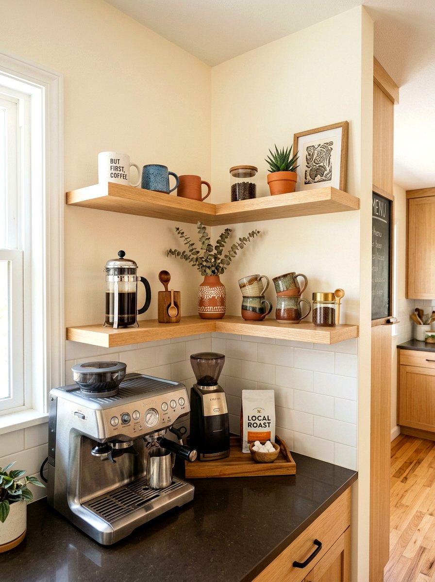 Corner Coffee Bar Shelves - 30 coffee station shelf styling ideas