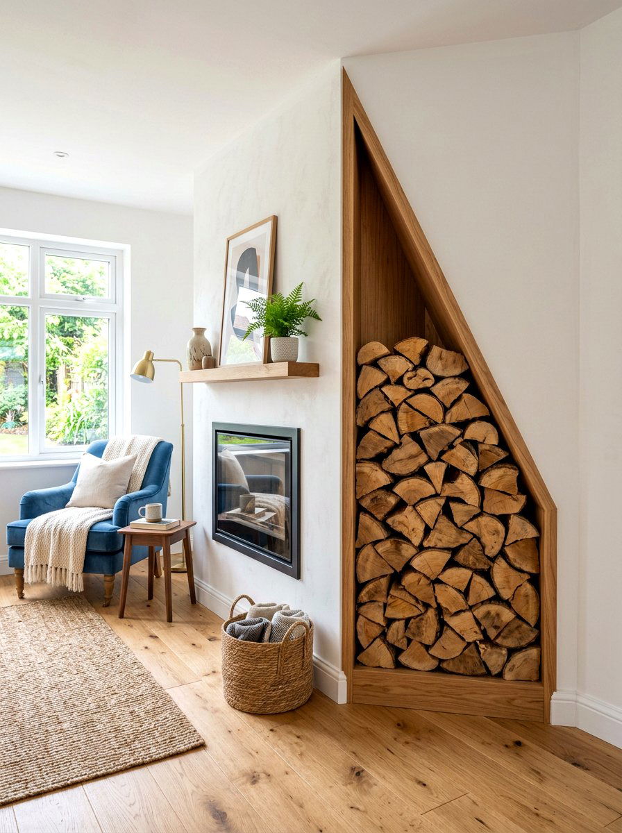 Corner Fireplace Wood Stack - 30 firewood storage wall ideas