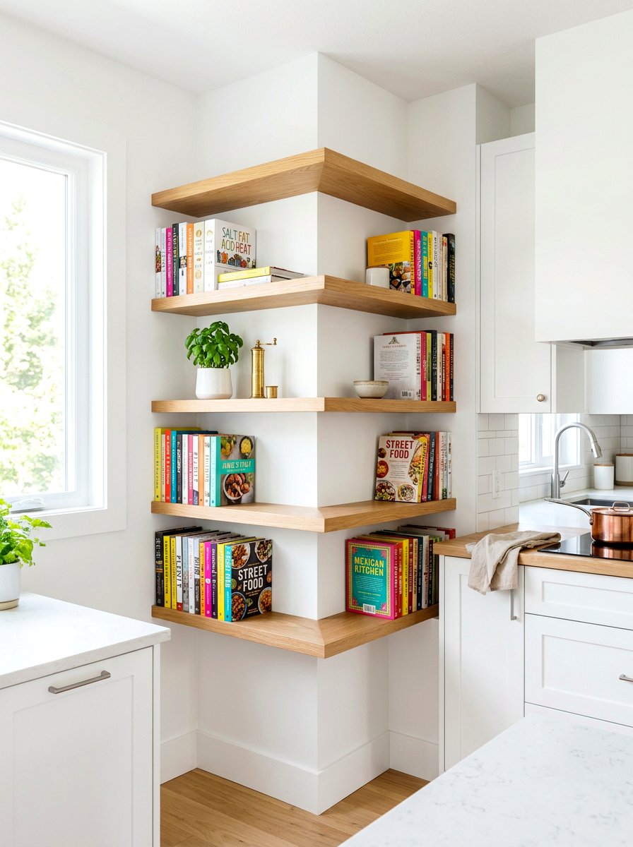 Corner Floating Display - 30 physical cookbook kitchen ideas