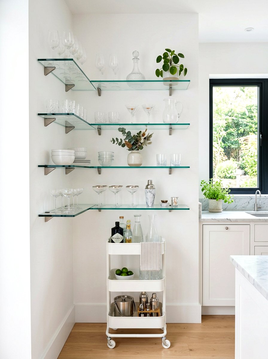 Corner Floating Glass Shelves - 30 kitchen beverage center ideas