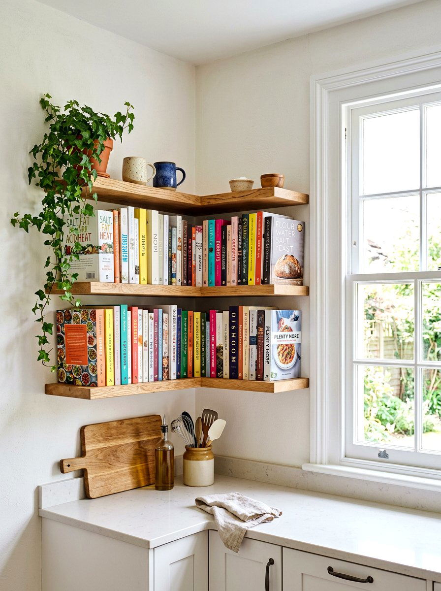 Corner Floating Shelf - 30 cookbook kitchen shelf ideas
