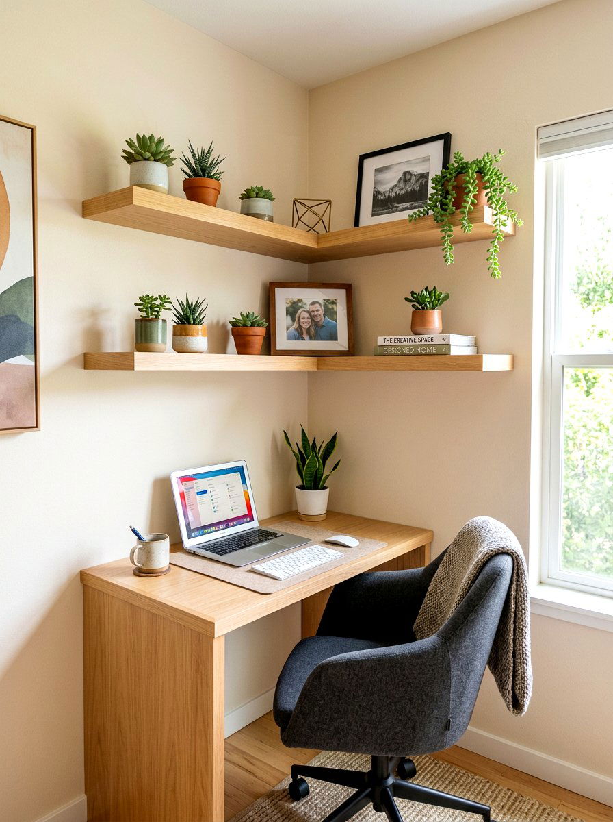 Corner Floating Shelves - 30 office backdrop shelf ideas
