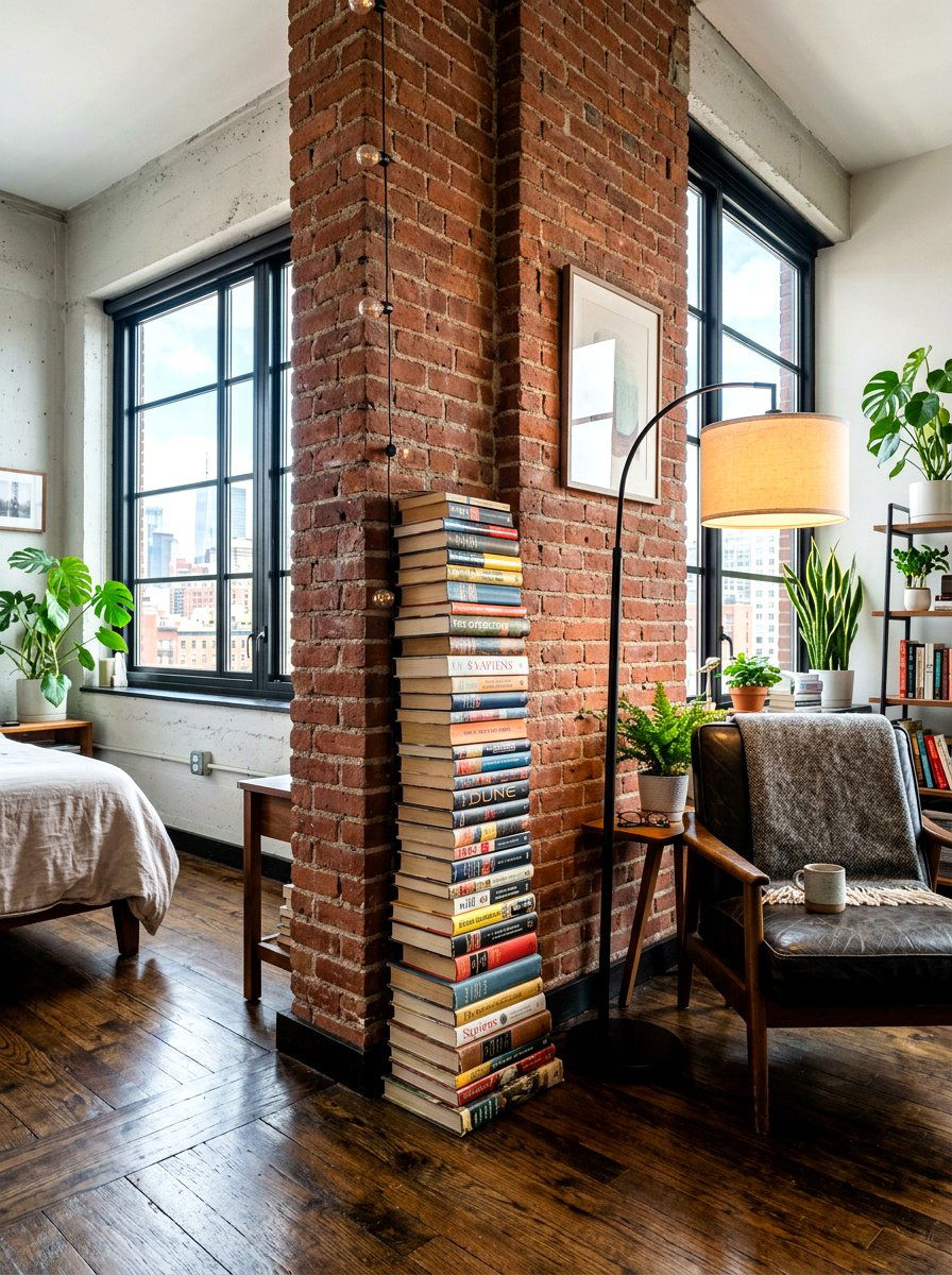Corner Floor Book Stack - 30 stacked books decor ideas