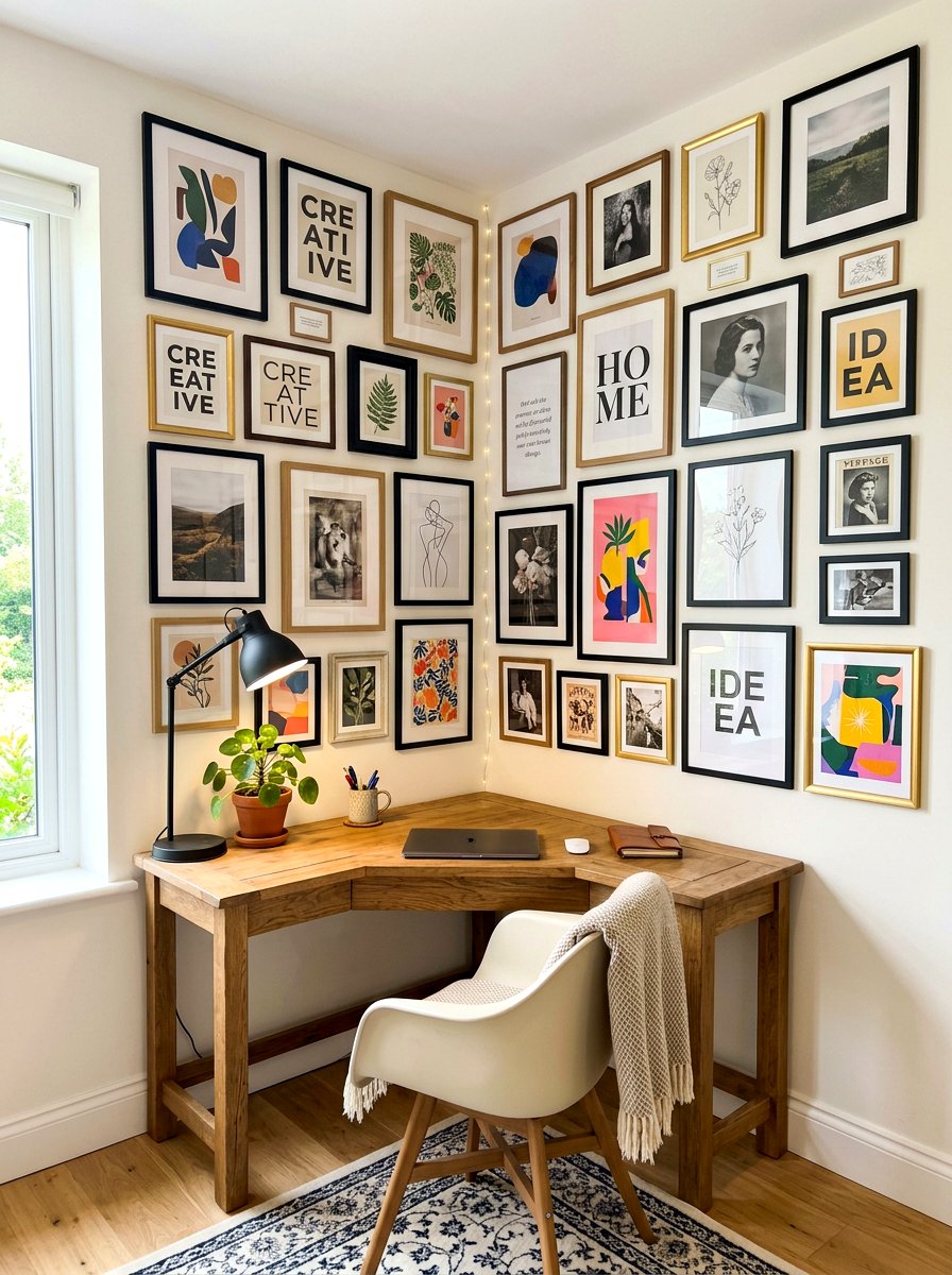 Corner Gallery Wall - 30 art wall office ideas