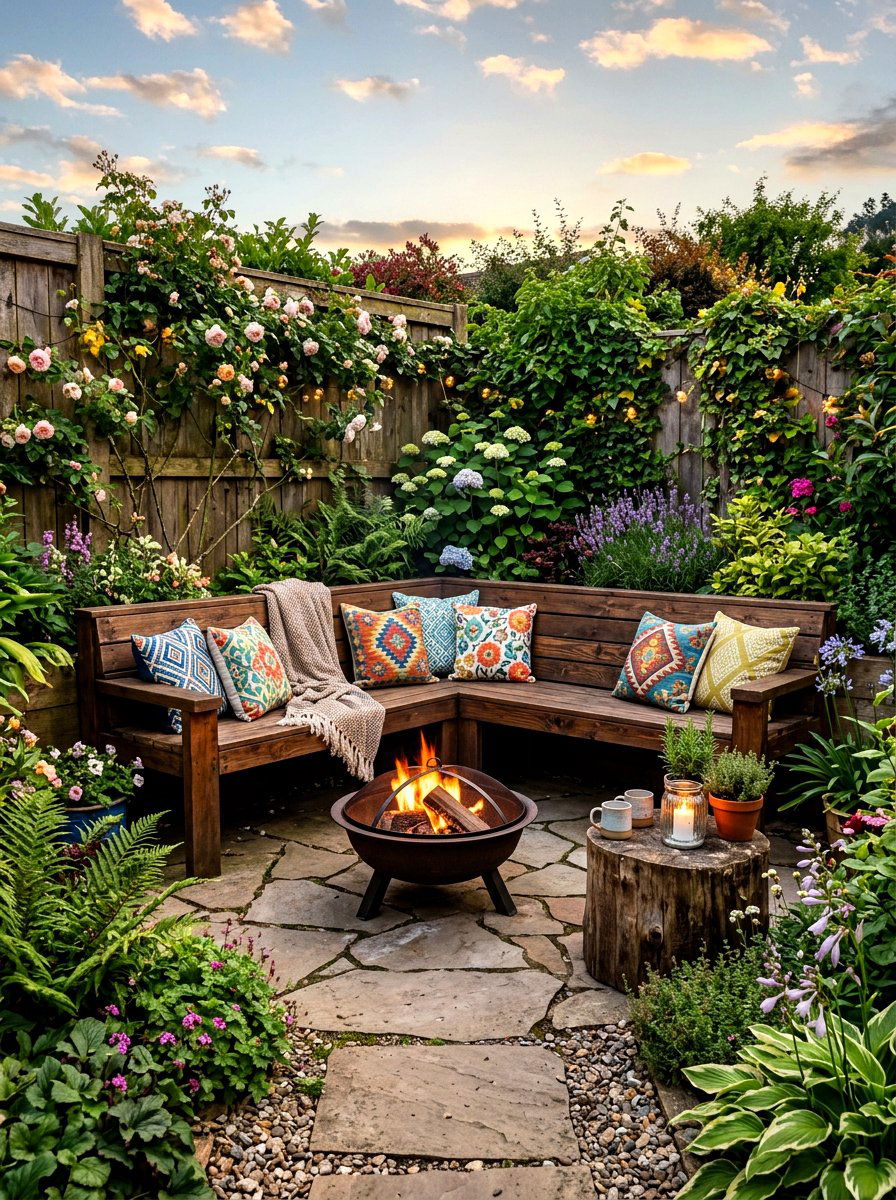 Corner Garden Bench - 30 evening backyard lounge ideas
