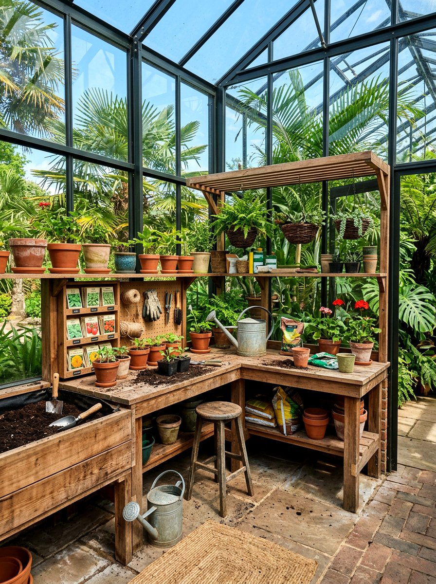 Corner Greenhouse Potting Station - 30 greenhouse potting bench ideas