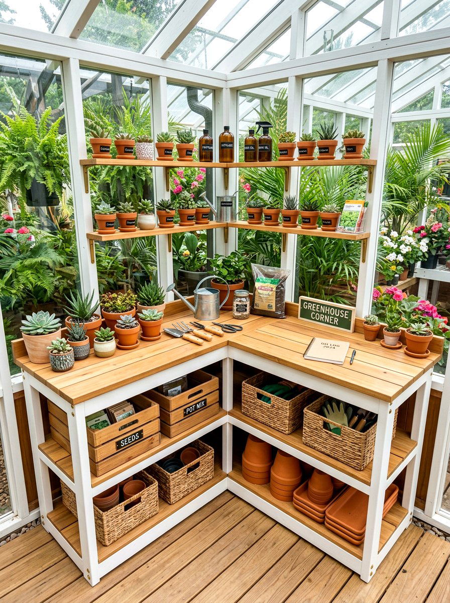 Corner Greenhouse Storage Unit - 30 greenhouse storage bench ideas