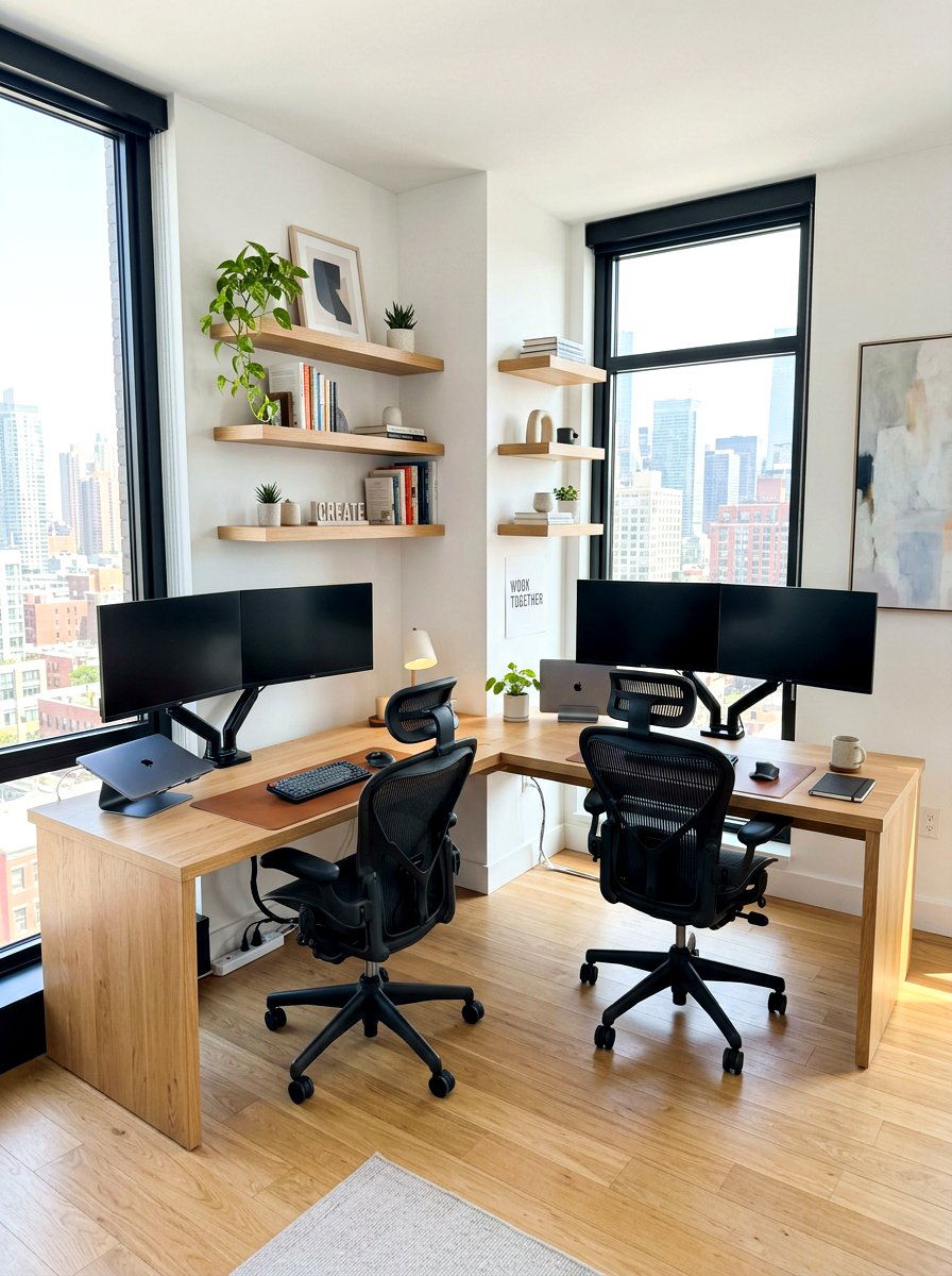 Corner L shaped shared workspace - 30 double desk office ideas