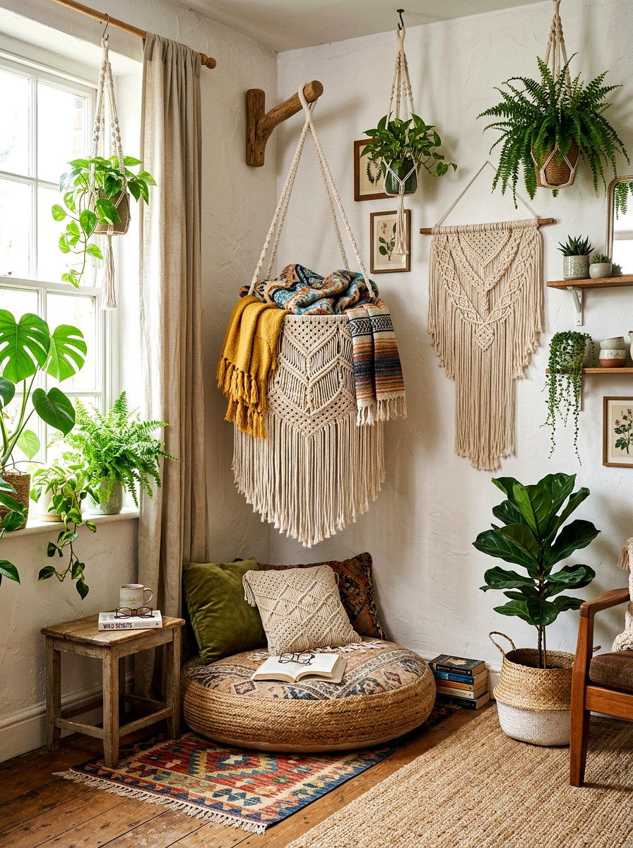Corner Macrame Basket - 30 living room blanket basket ideas