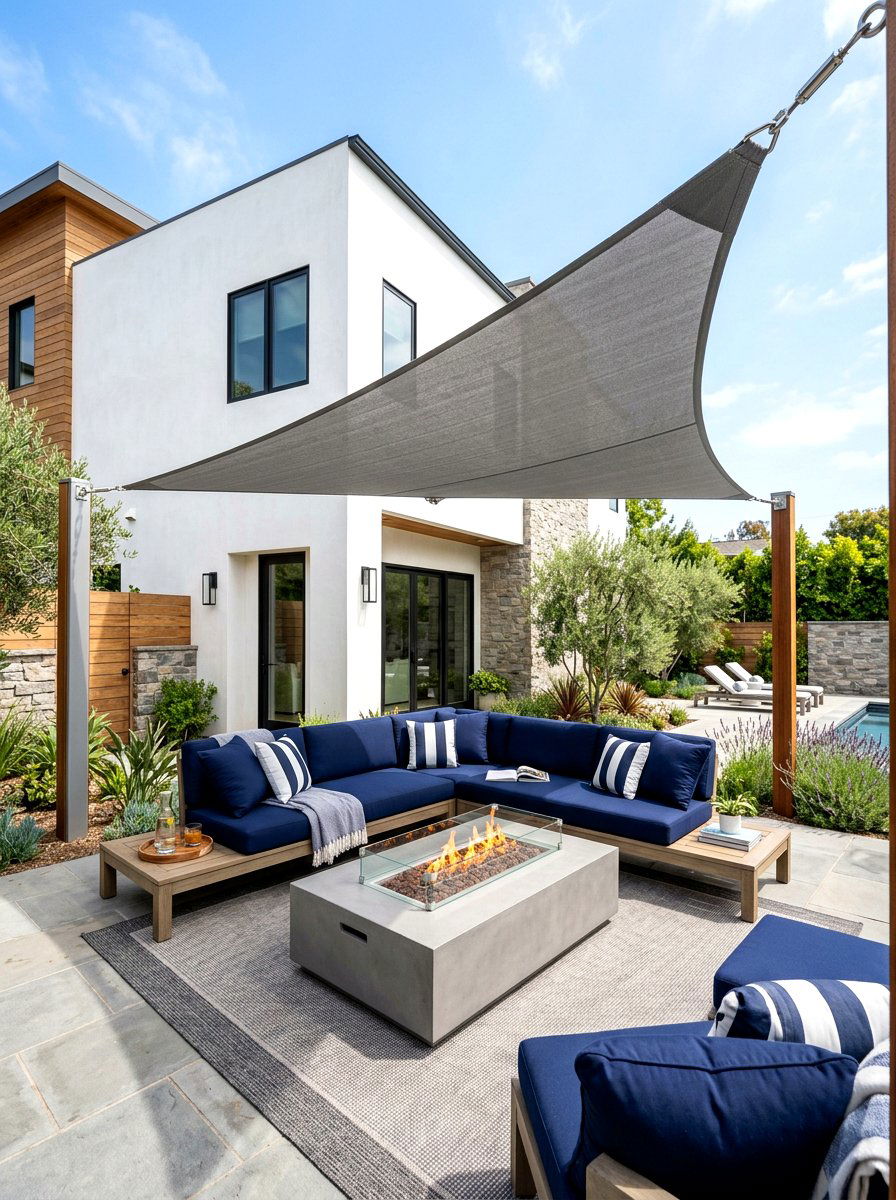 Corner Mounted Shade Sail - 30 sun sail patio ideas