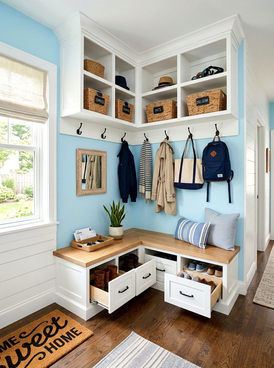 Corner Mudroom - 30 entry closet mudroom ideas