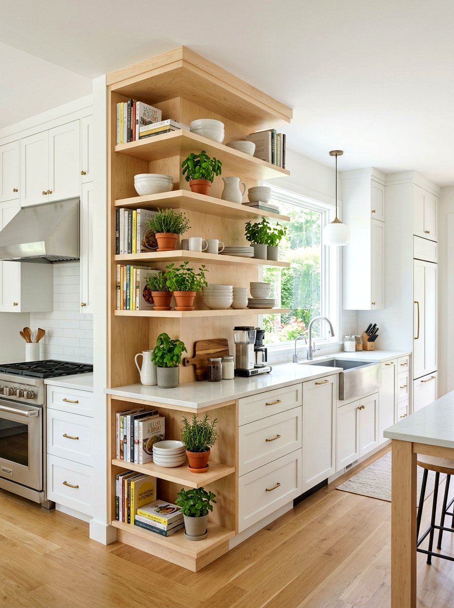Corner Open Shelving - 30 kitchen cookbook storage ideas