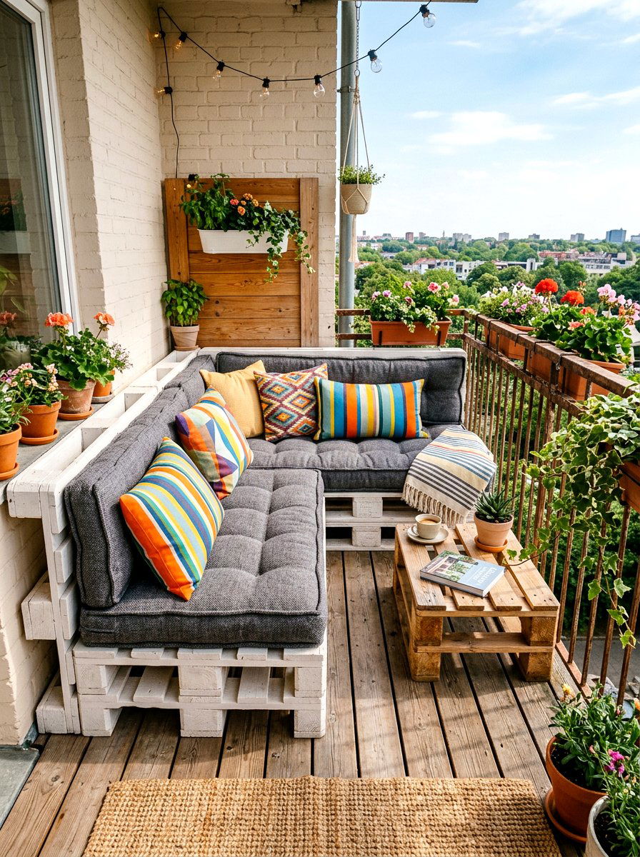Corner Pallet Sofa - 30 tiny balcony seating ideas