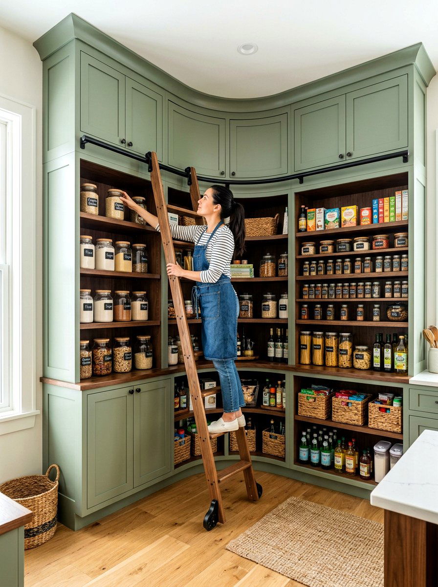 Corner Pantry With Curved Ladder Rail - 30 pantry with library ladder ideas