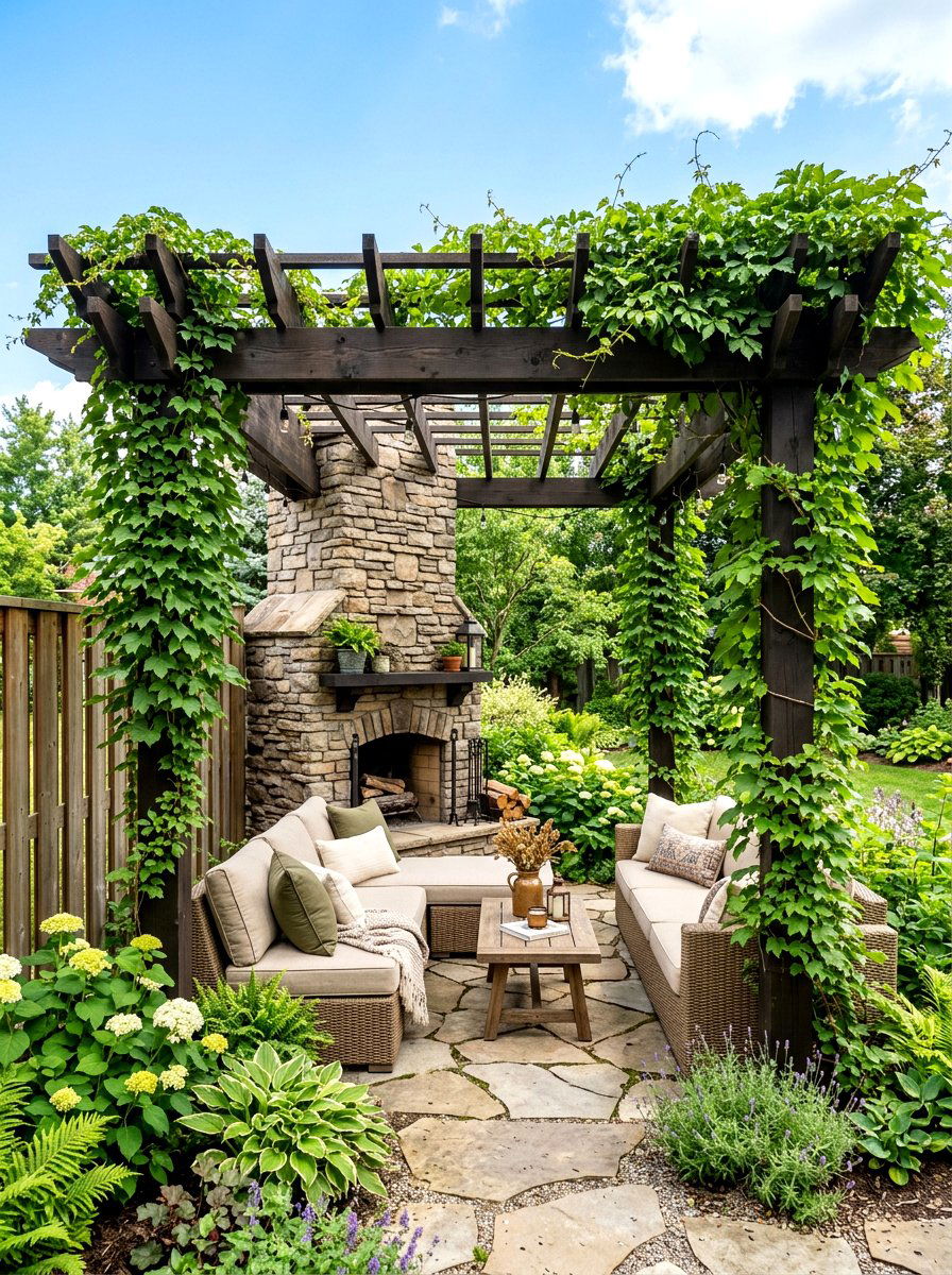 Corner Pergola Stacked Stone Fireplace - 30 pergola with fireplace ideas