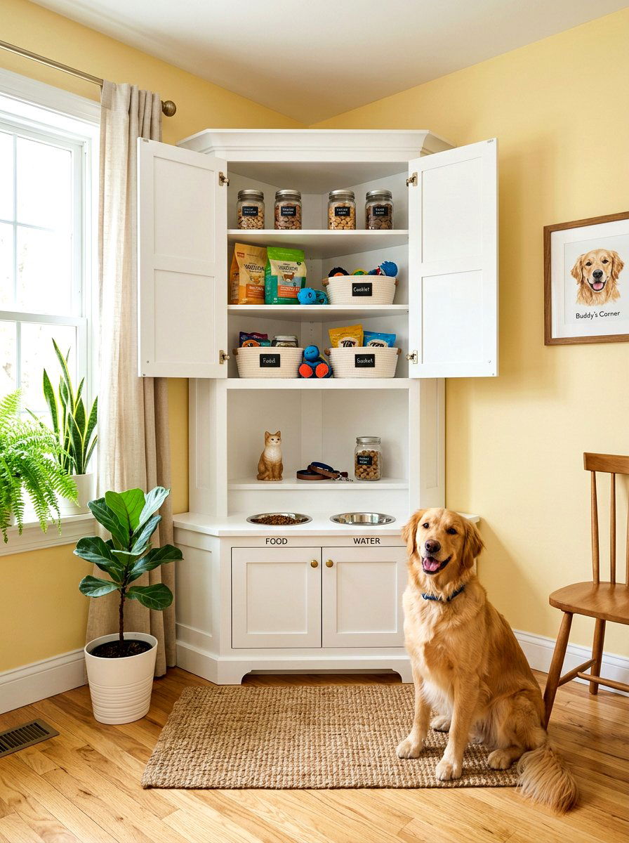 Corner Pet Station Cabinet - 30 dog room storage ideas