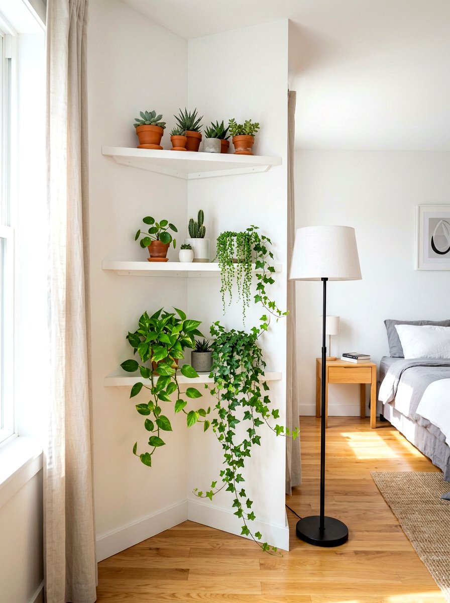 Corner Plant Shelf - 30 houseplant shelf ideas