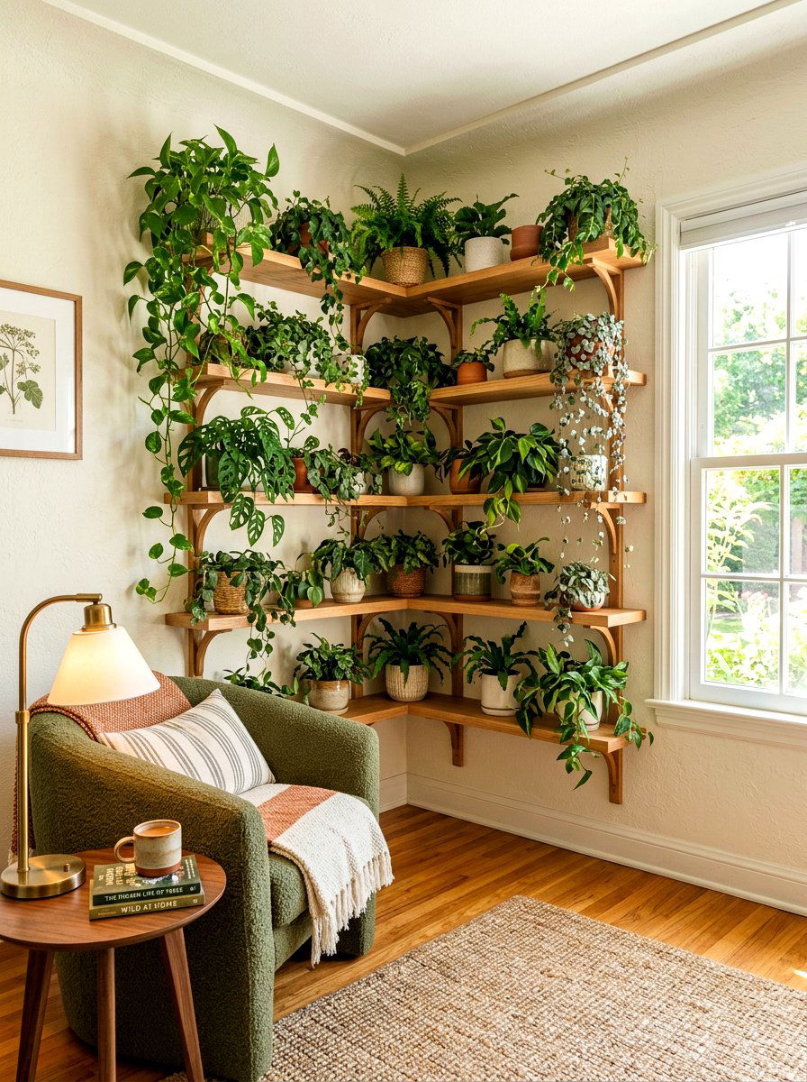 Corner Plant Wall Shelf - 30 living room plant wall ideas