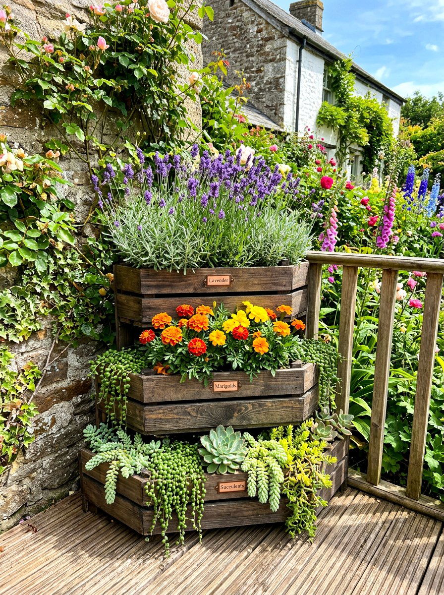 Corner Planter Crate Display - 30 garden crate storage ideas