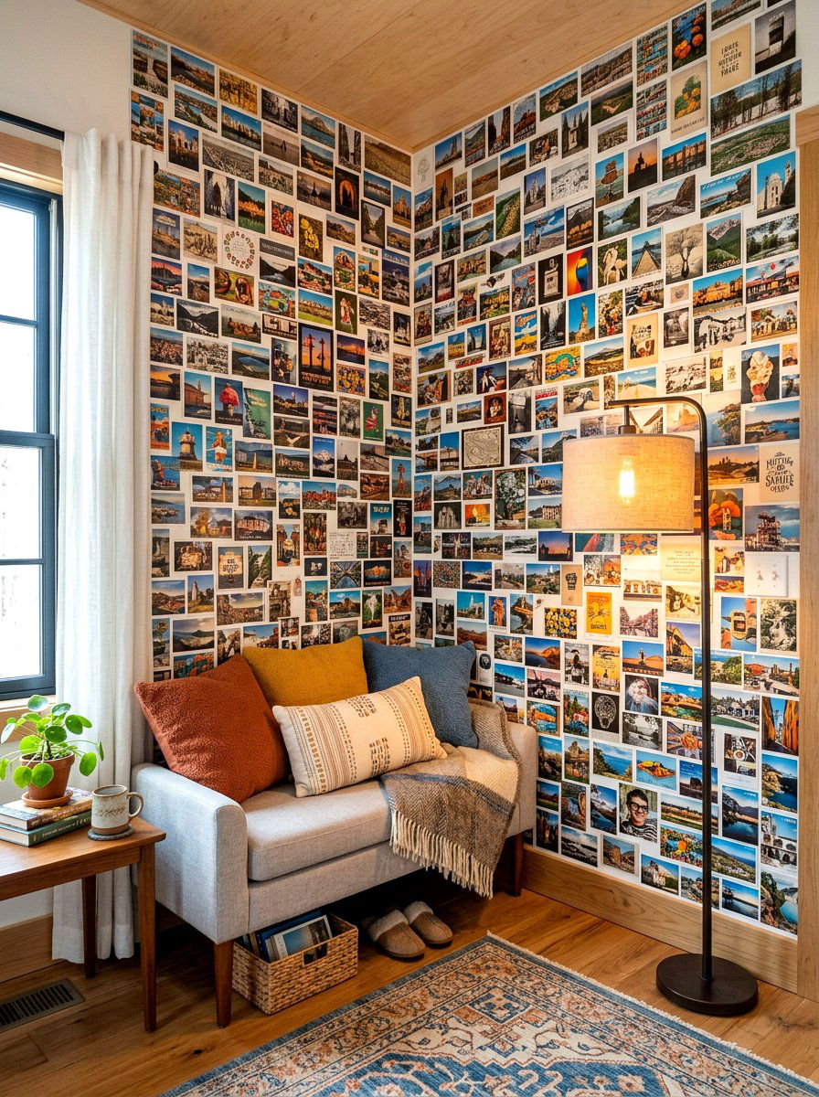 Corner Postcard Collage - 30 postcard wall decor ideas