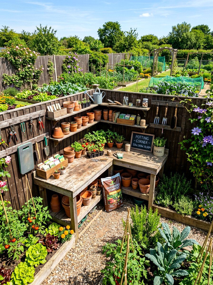 Corner Potting Station - 30 potting bench storage ideas