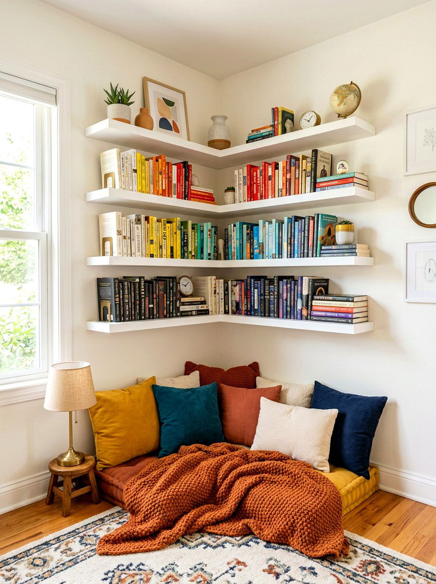 Corner Reading Nook Shelf - 30 playroom bookshelf ideas