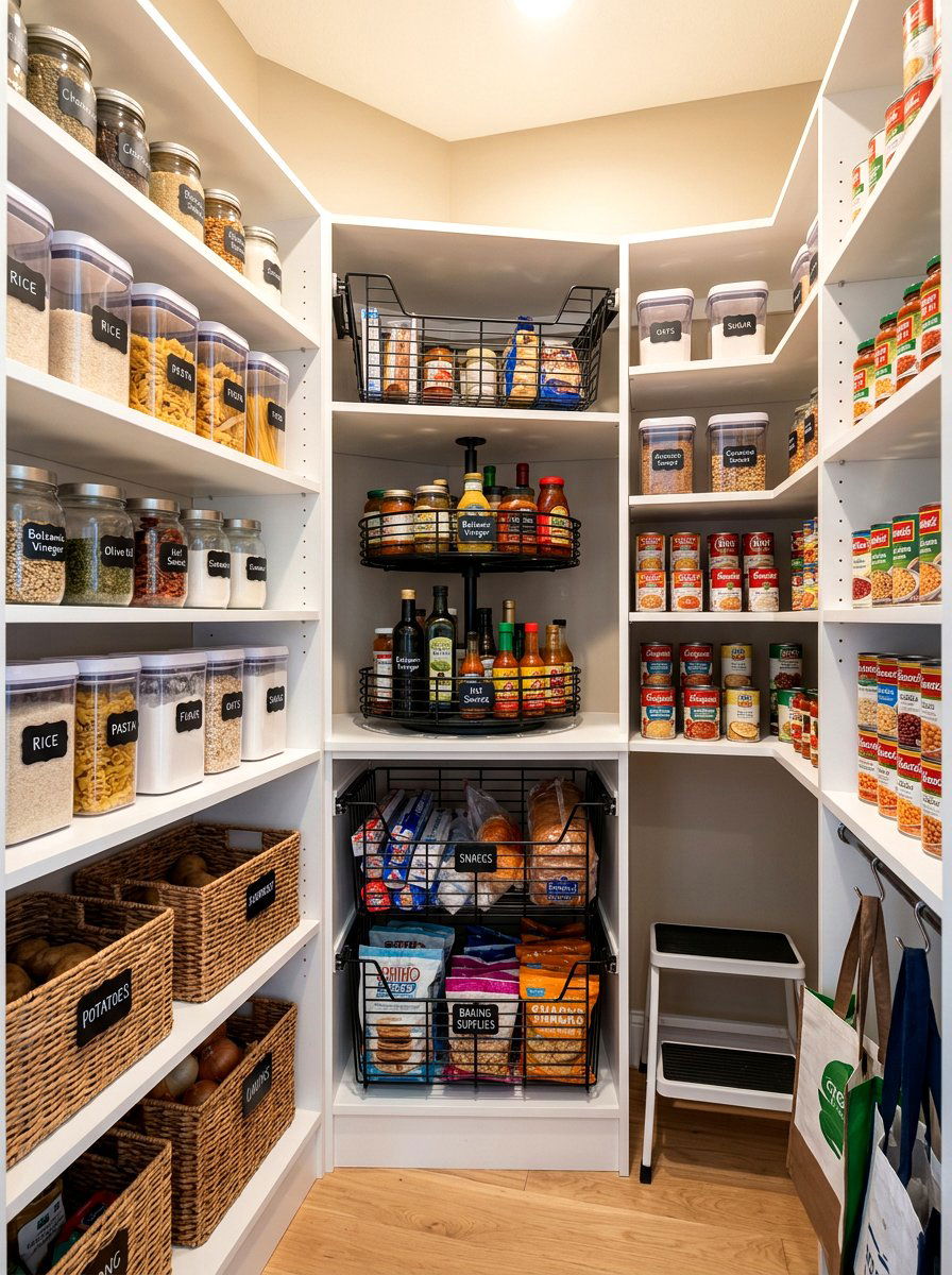 Corner Shelf Baskets - 30 pantry basket organization ideas