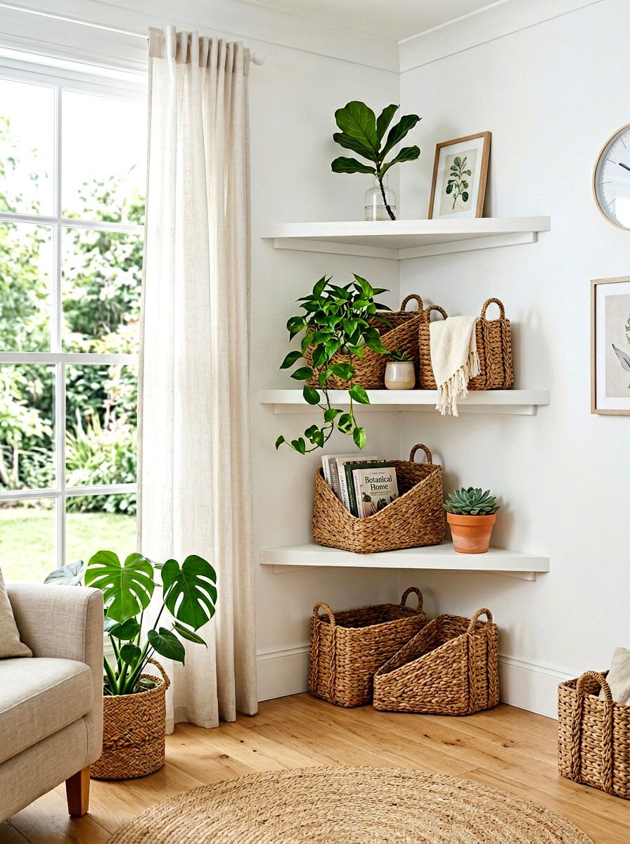 Corner Shelf Triangular Seagrass Basket - 30 bathroom basket storage ideas