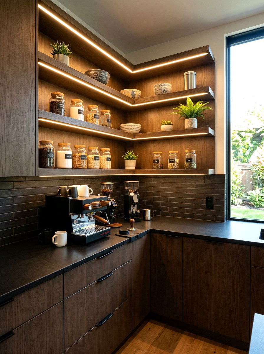 Corner Shelves With Integrated Lighting - 30 breakfast corner shelves ideas