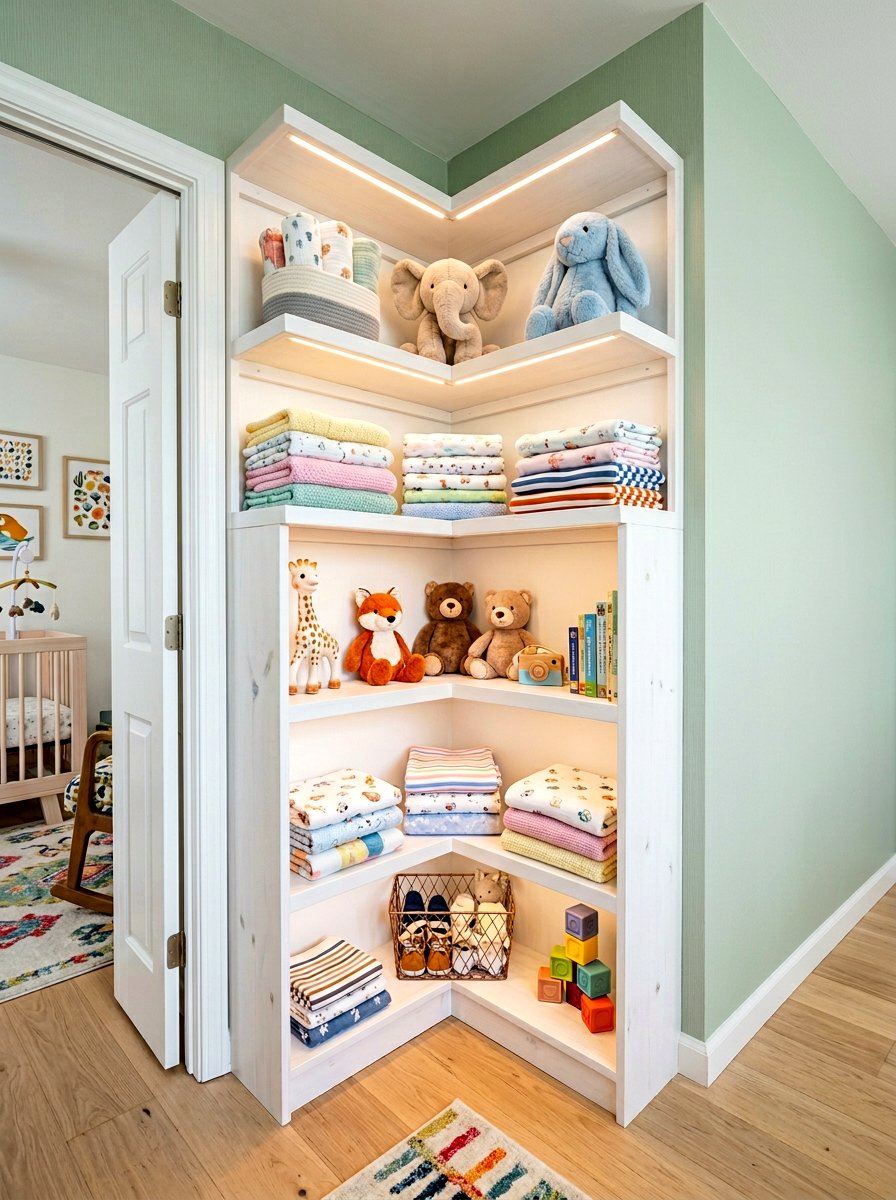 Corner Shelving Unit - 30 nursery closet organization ideas