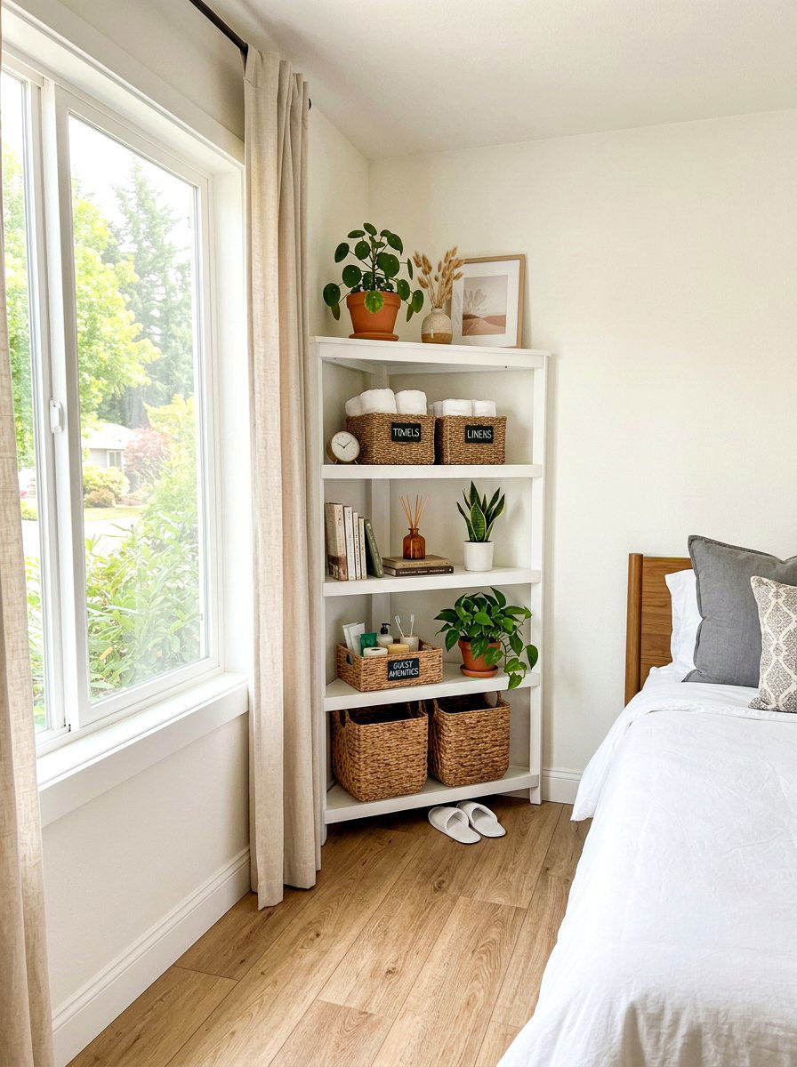 Corner Shelving Unit - 30 organizing a guest room ideas
