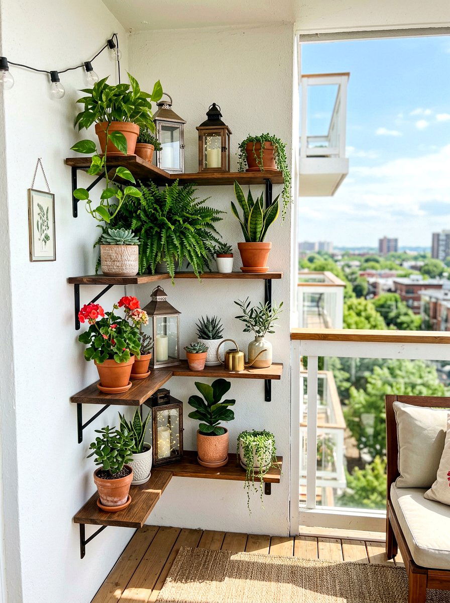 Corner Shelving Unit - 30 small apartment balcony garden ideas