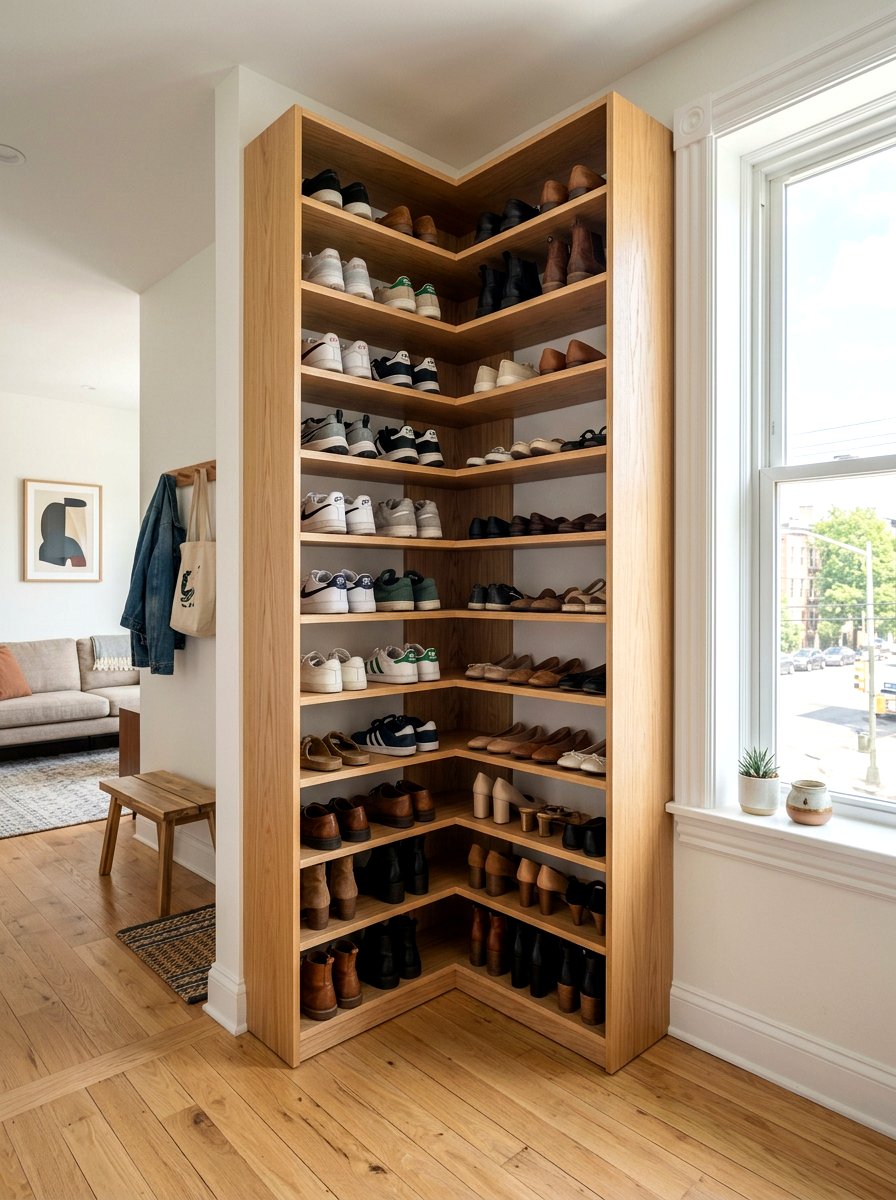 Corner Shoe Shelf Unit - 30 apartment shoe wall ideas