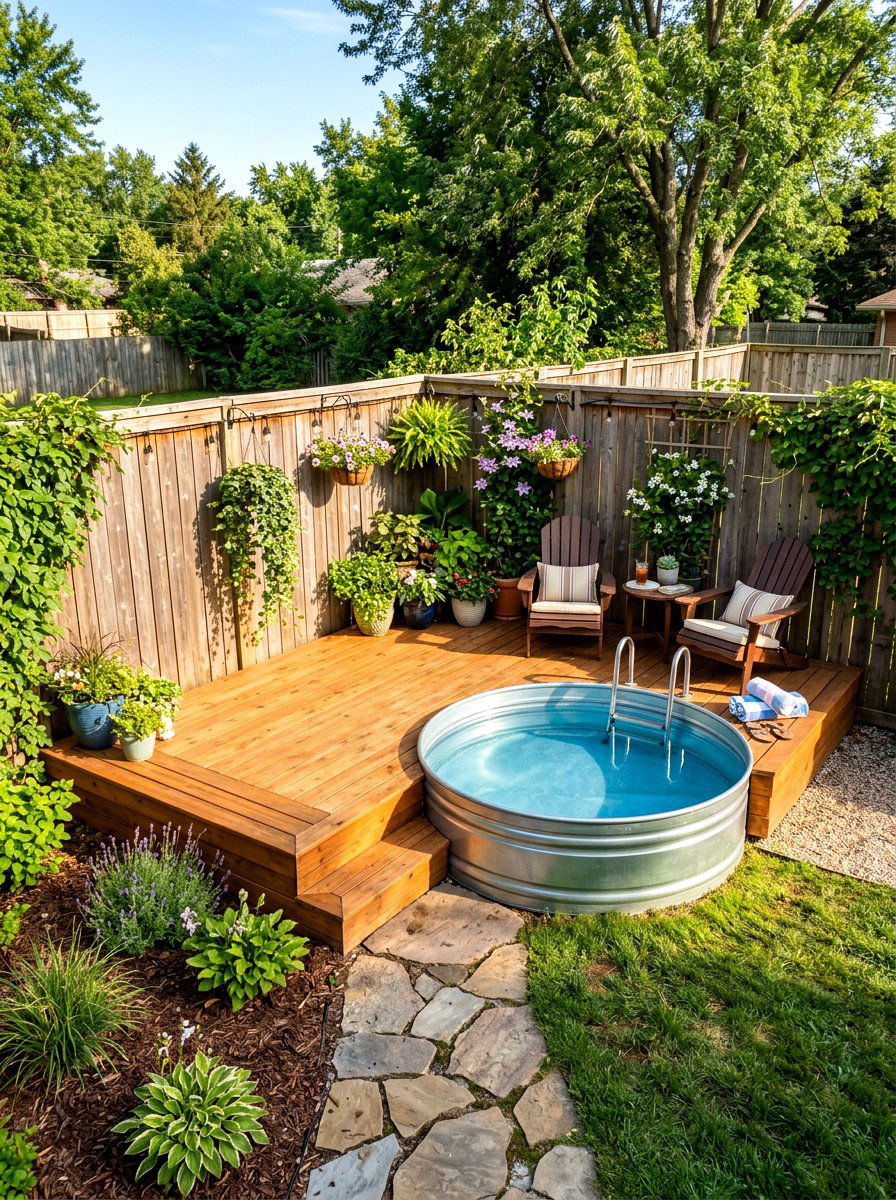 Corner Stock Tank Deck - 30 stock tank pool deck ideas