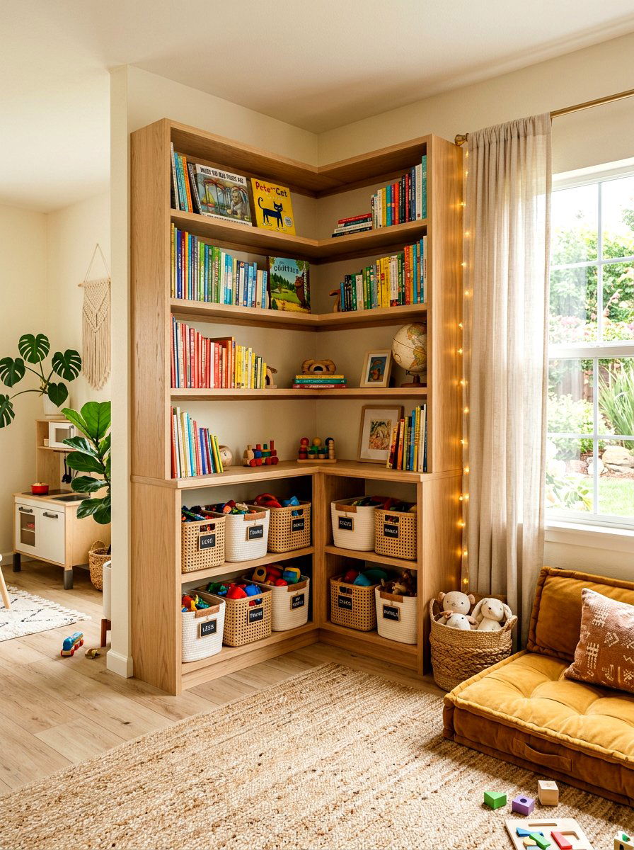 Corner Storage Unit - 30 playroom storage ideas