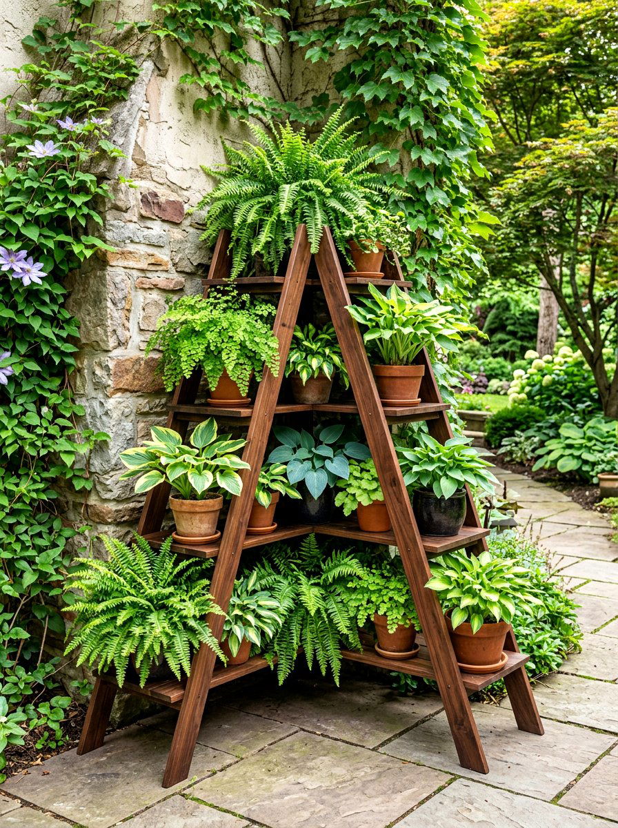 Corner Tiered Plant Ladder - 30 ladder planter ideas