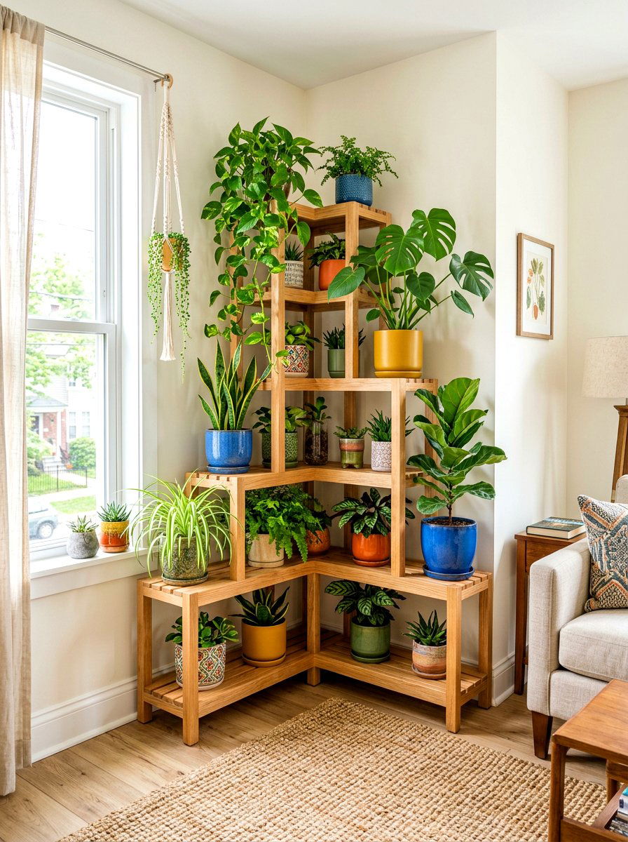 Corner Tiered Rack - 30 apartment plant shelf ideas