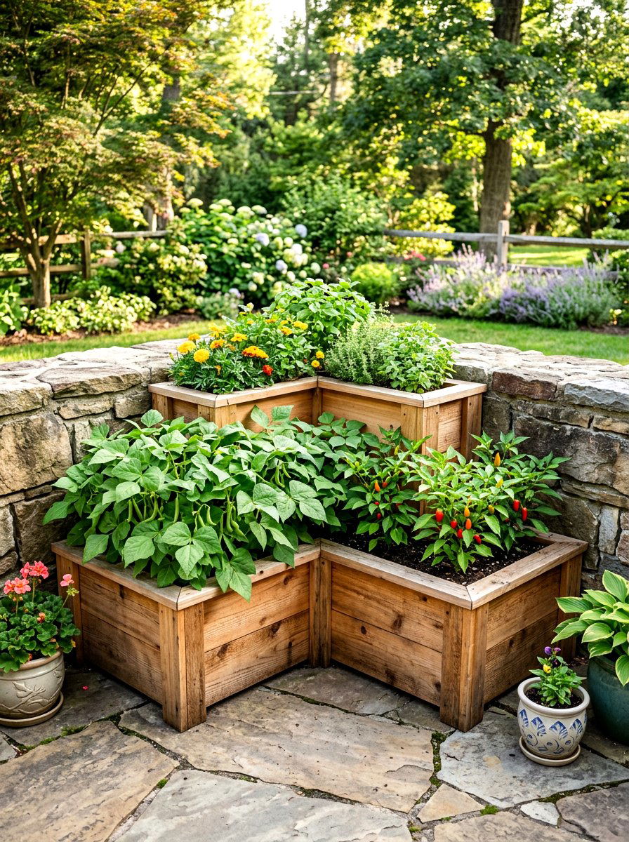 Corner Wood Garden Planter - 30 compact kitchen garden ideas