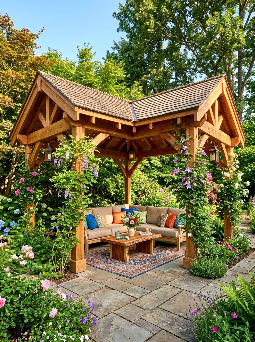 Corner Wood Pavilion - 30 wood pavilion patio ideas