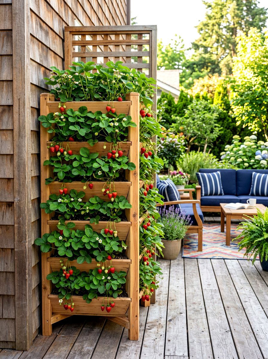 Corner Wood Vertical Planter - 30 strawberry tower ideas