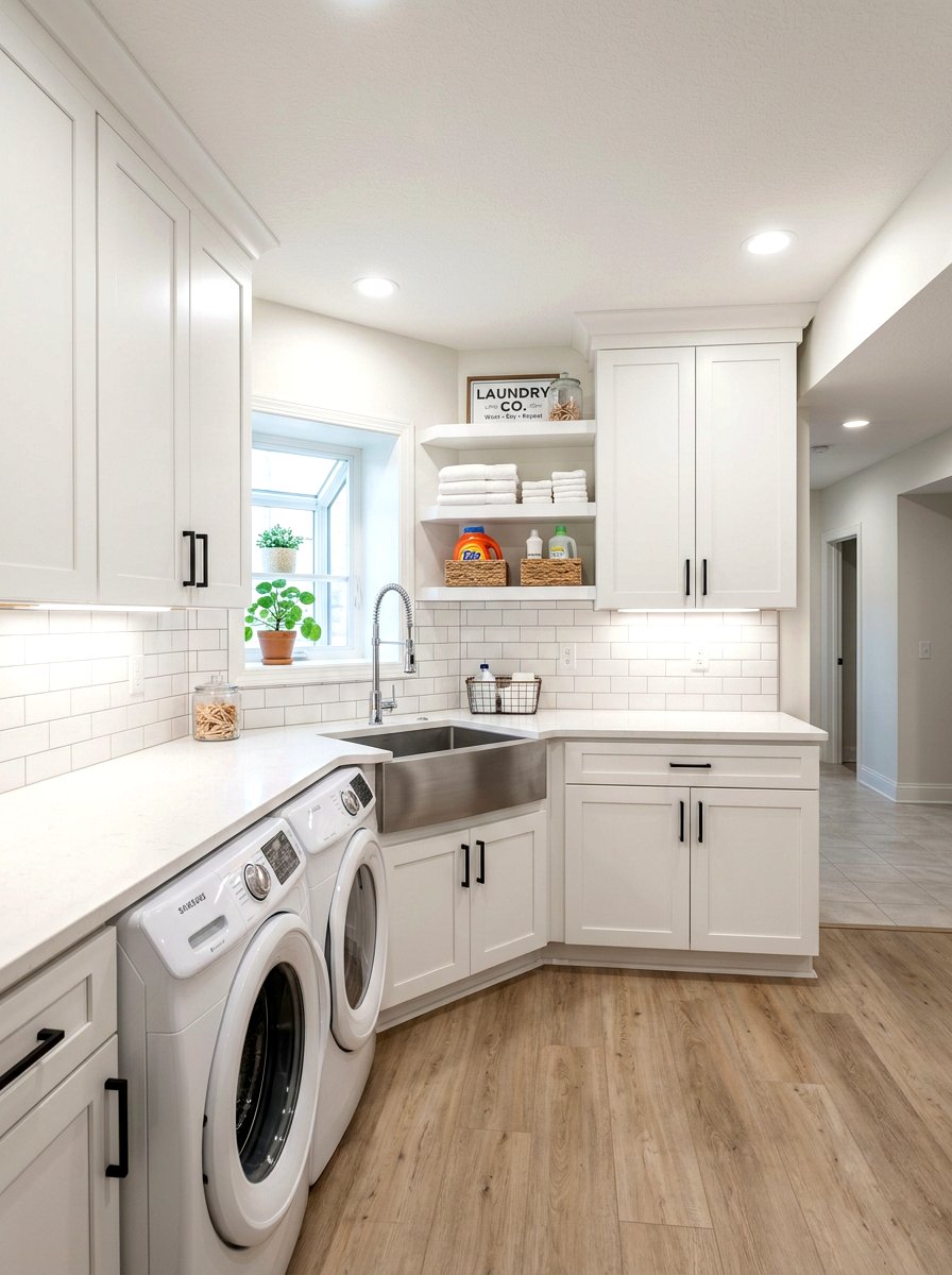 Corner basement laundry area - 30 basement laundry area ideas