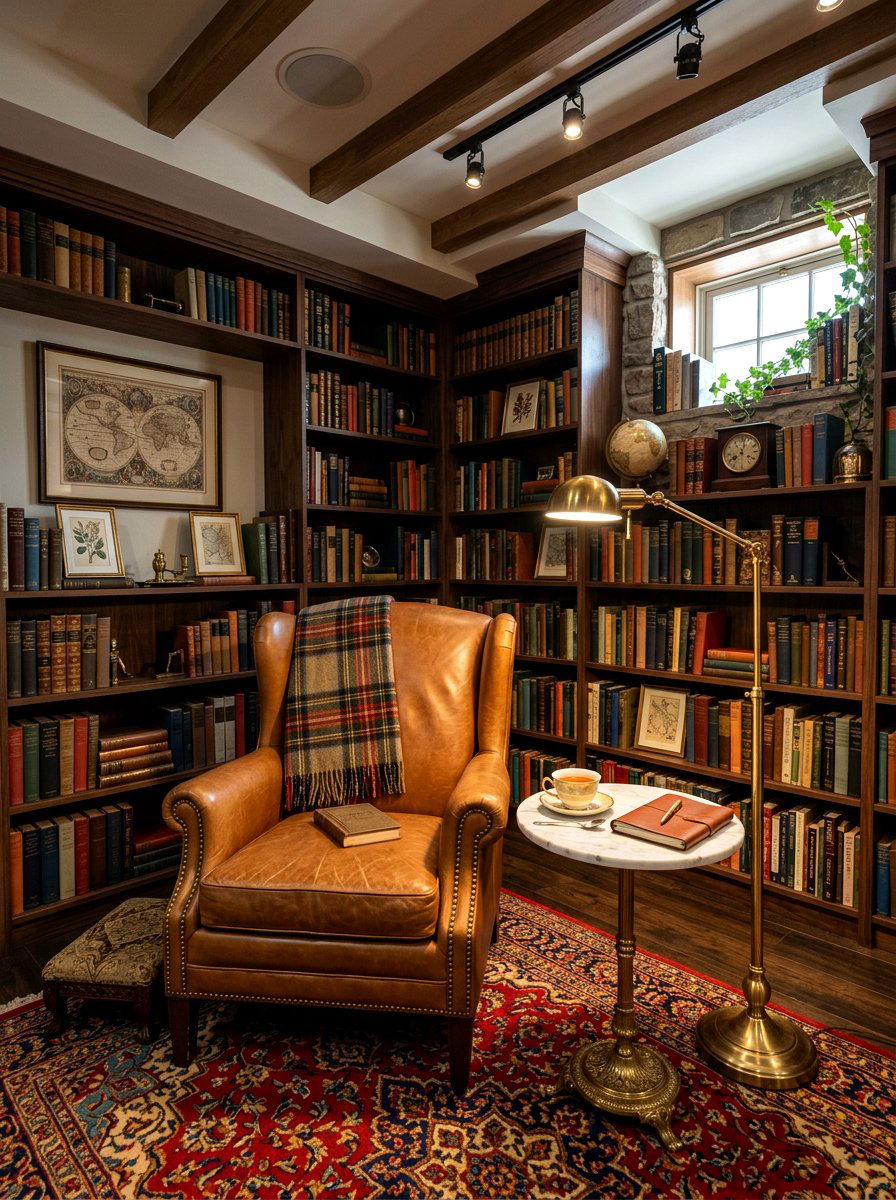 Corner basement library - 30 basement reading nook ideas
