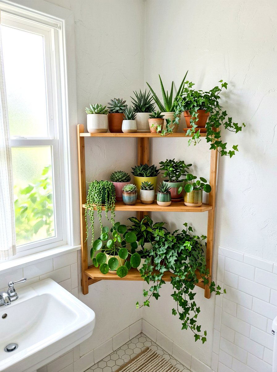 Corner bathroom shelf unit - 30 bathroom plant shelf ideas