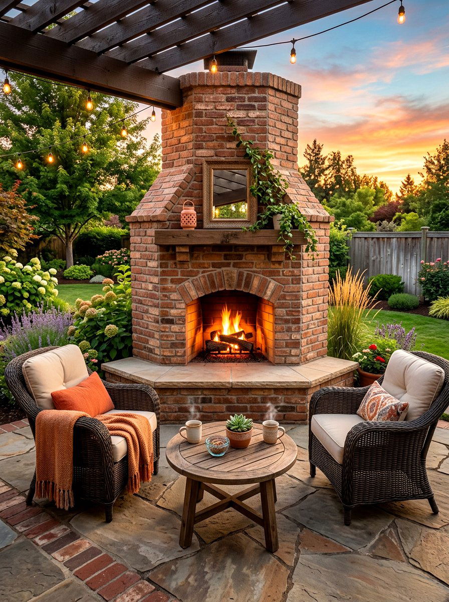 Corner brick fireplace patio layout - 30 brick outdoor fireplace ideas
