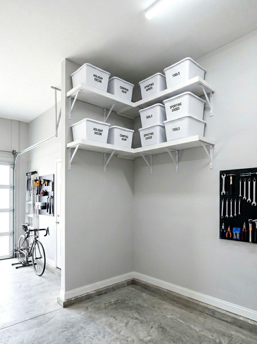 Corner ceiling storage shelf - 30 garage ceiling storage ideas
