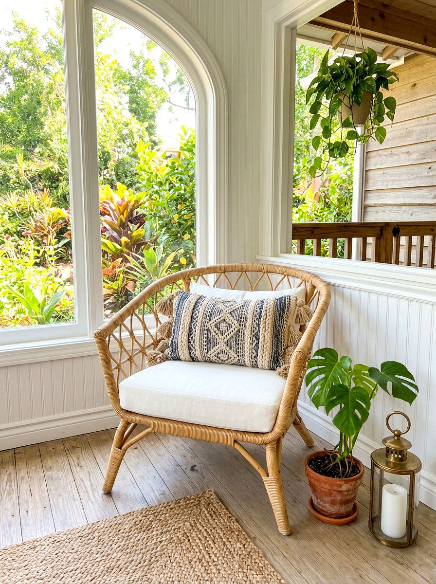 Corner chair with textured pillows - 30 spring porch layering ideas