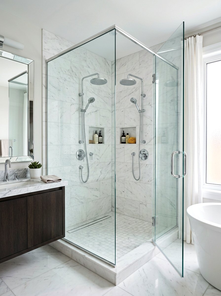 Corner double shower enclosure - 30 double shower bathroom ideas