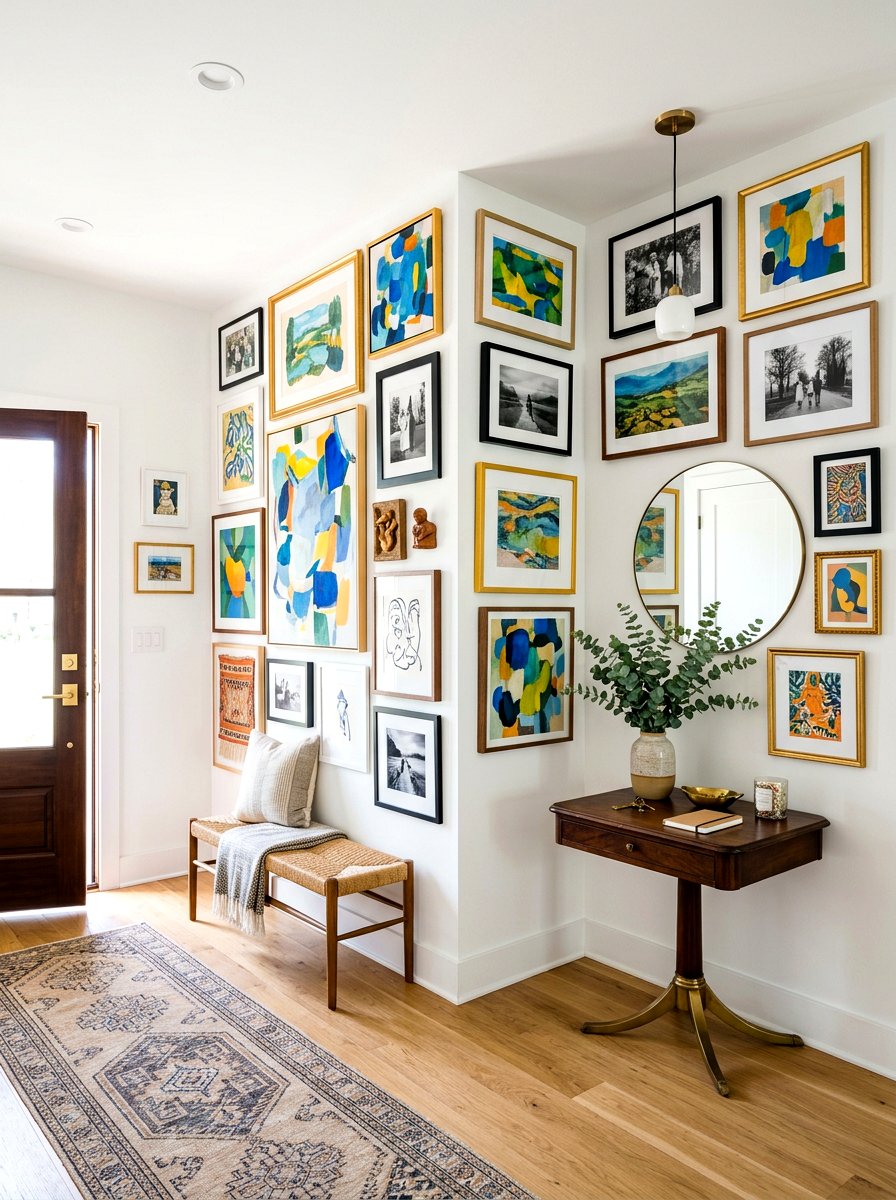 Corner gallery wall layout - 30 salon wall entry ideas
